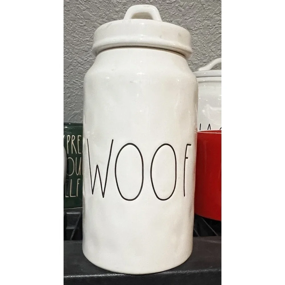 Rae Dunn Magenta WOOF Dimpled White Ceramic Canister Pet Treat Jar Dog 10